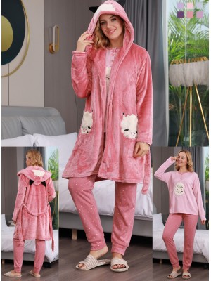 [F1777] Ensembles 3 pcs femme : Peignoir + pyjama + pantalon