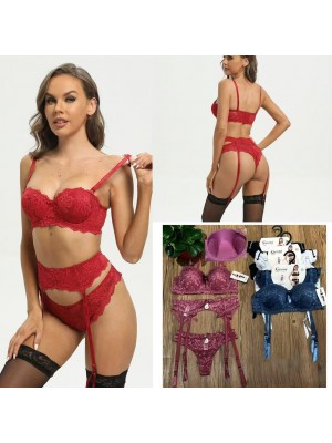 [70735B] Ensembles soutif bonnet B avec armature et mousse + culotte + porte jarretelles