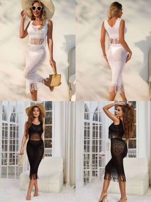 [S1502] ENSEMBLE 2 PCS EN DENTELLE FEMME (TOP + JUPE MI-LONGUE AVEC FRANGES)
