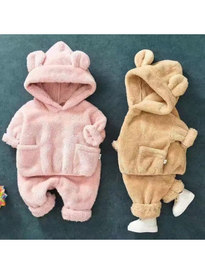 [78809] Ensembles pyjama plaid à capuche avec oreilles d'ours + pantalon enfants